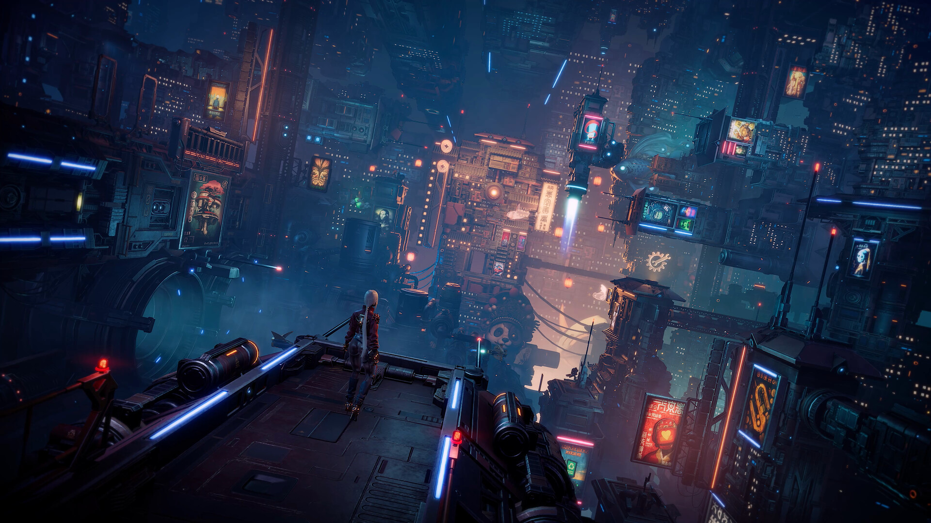 ReBlade screenshot of the heroine standing above a neon cyberpunk cityscape.